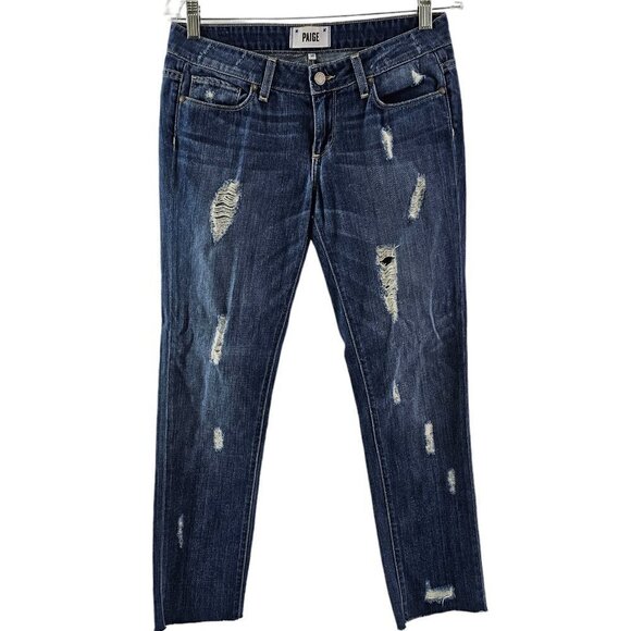 Paige Jimmy Jimmy Skinny Distressed Raw Cut-Off Hem Low Rise Blue Jeans Size 25 - Picture 12 of 16